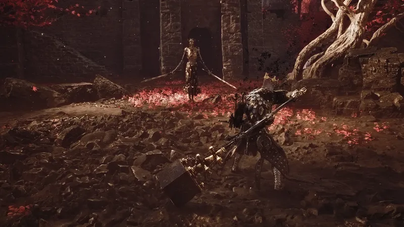 Official Mortal Shell II screenshot of a combat encounter in a red-lit arena.
