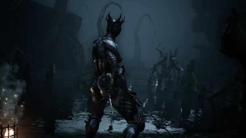 Official Mortal Shell II screenshot of an armored Shell standing in a dark wetland.