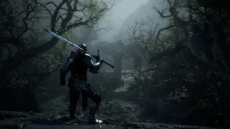 Official Mortal Shell II screenshot of a player exploring a misty forest path.