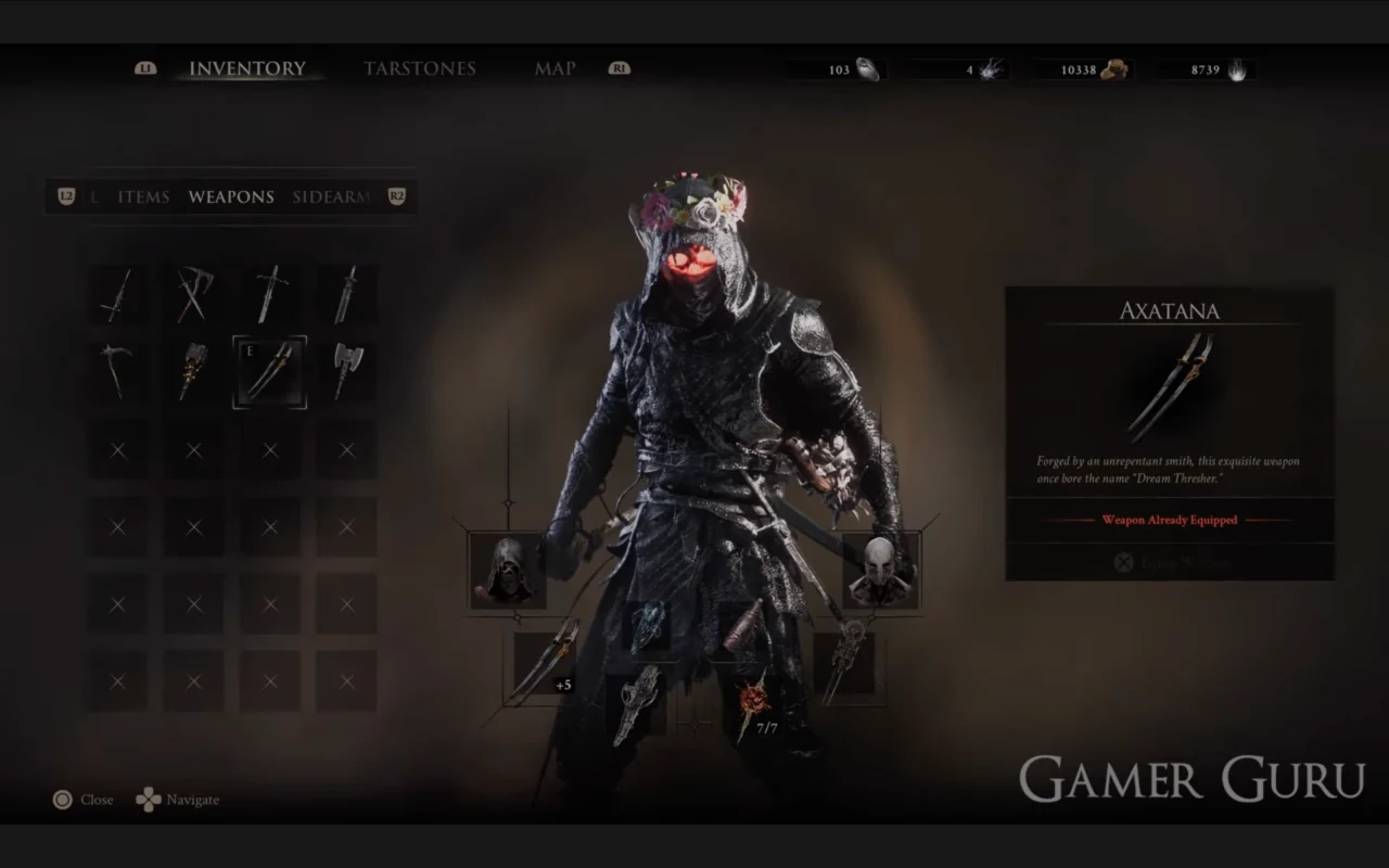 Axatana shown in the Mortal Shell 2 inventory with the weapon equipped at +5.