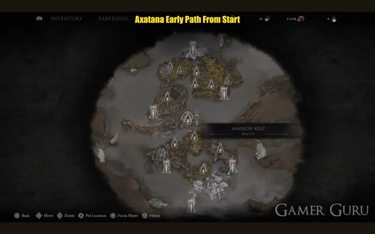 Marrow Keep Beacon starting point for the early Axatana route in Mortal Shell 2.