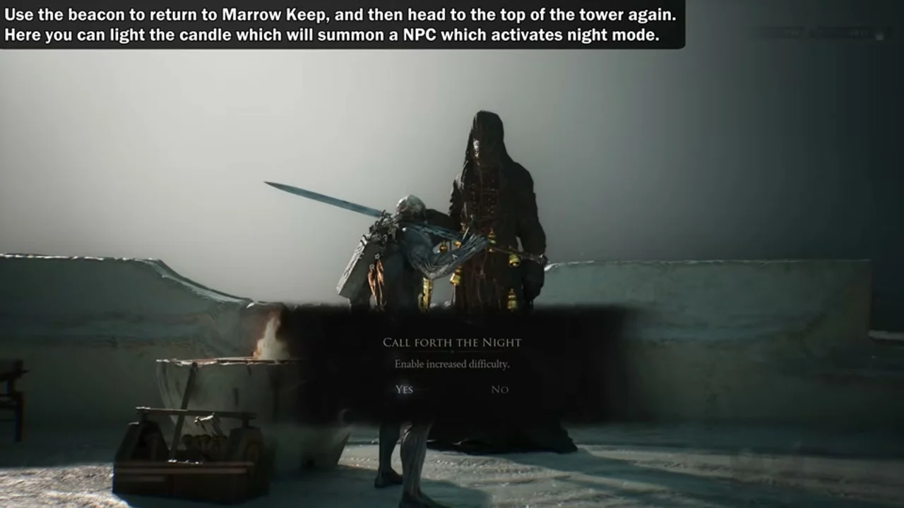 Thestus at Marrow Keep with the Call Forth the Night option used to activate Night Mode in Mortal Shell 2.
