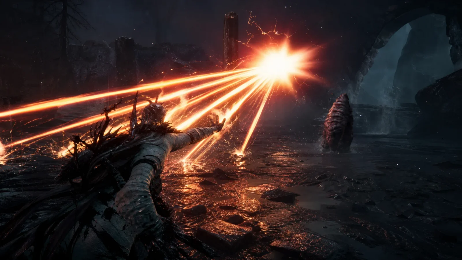 Monolith beam attack filling the Obsidian Vault arena in Mortal Shell 2.