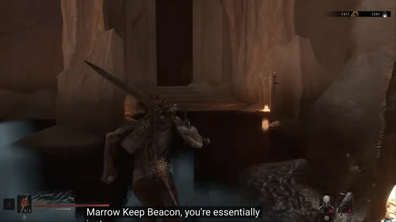 Starting route from the Marrow Keep Beacon toward the Slayer Seal location in Mortal Shell 2.