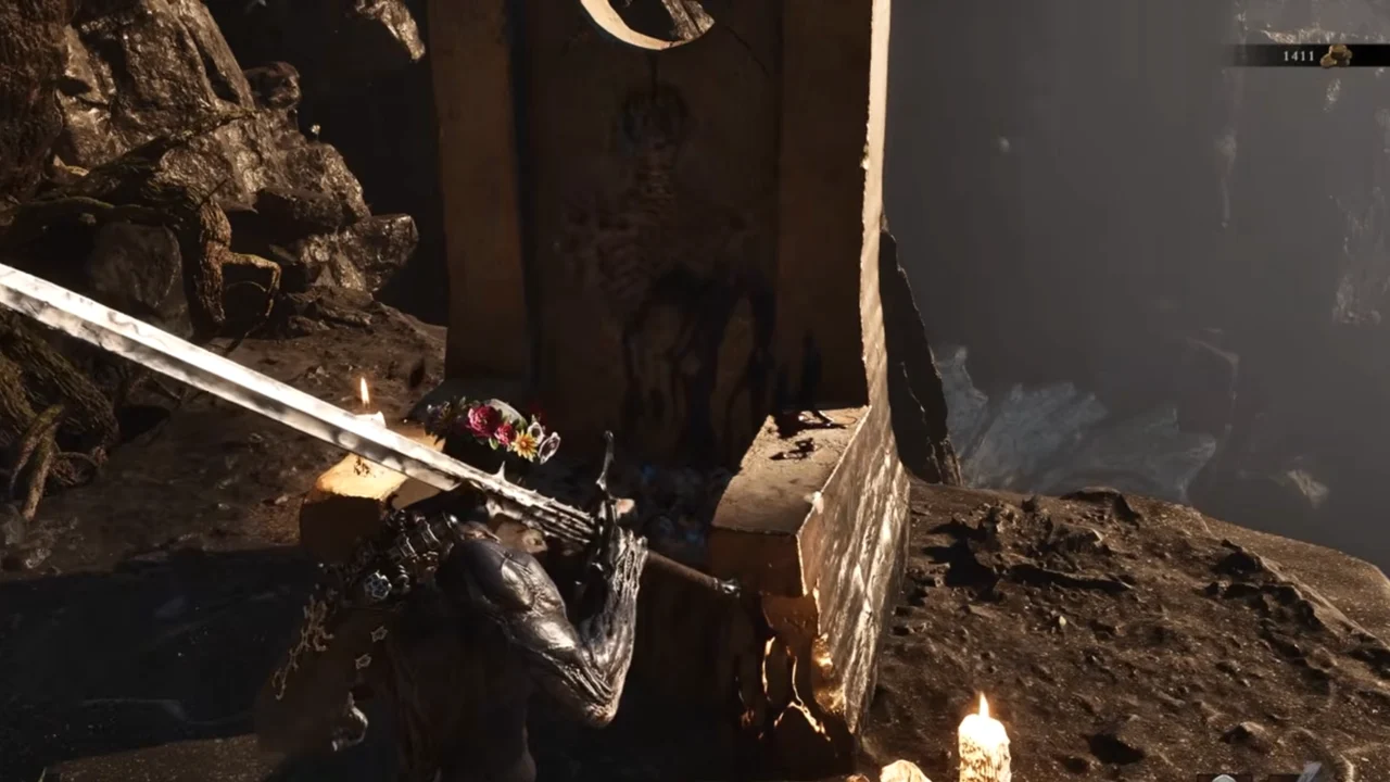 Slayer Seal pickup location on a chair-like stone monument near the top of Marrow Keep in Mortal Shell 2.