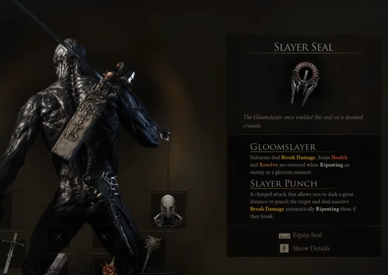 Slayer Seal inventory description showing Gloomslayer and Slayer Punch effects in Mortal Shell 2.